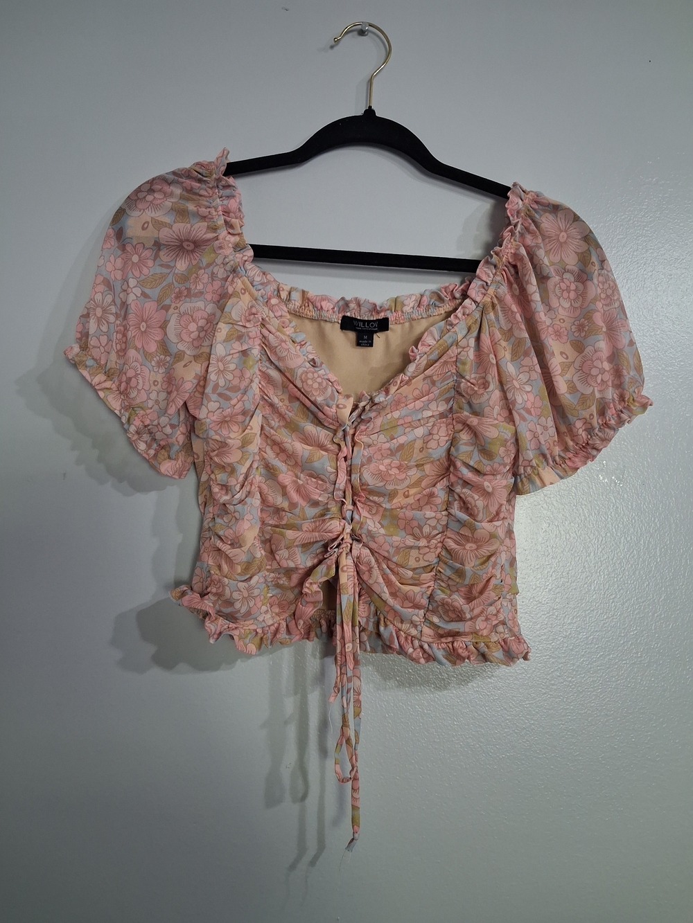 Willow Pink Floral Ruched Tie-Front Crop Top